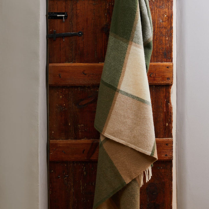 Olive Block Check Pure New Wool Blanket