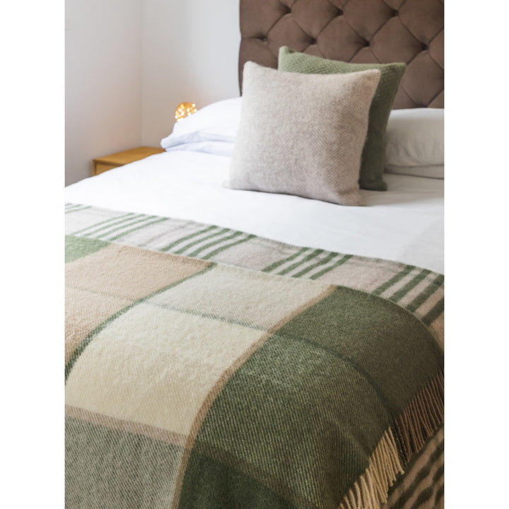 Olive Block Check Pure New Wool Blanket