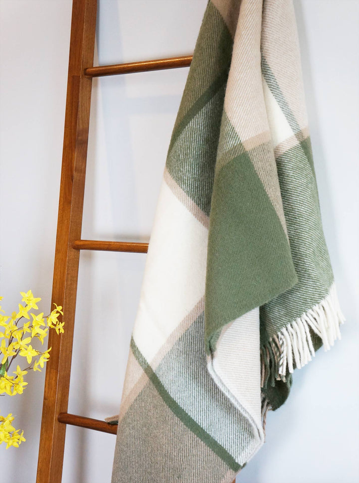 Olive Block Check Pure New Wool Blanket