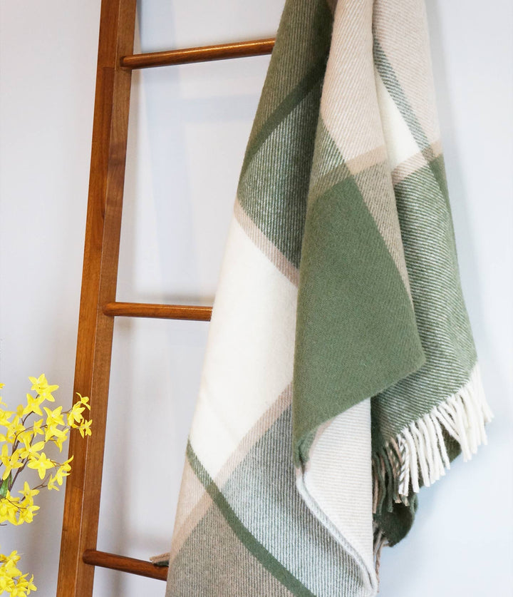 Olive Block Check Pure New Wool Blanket