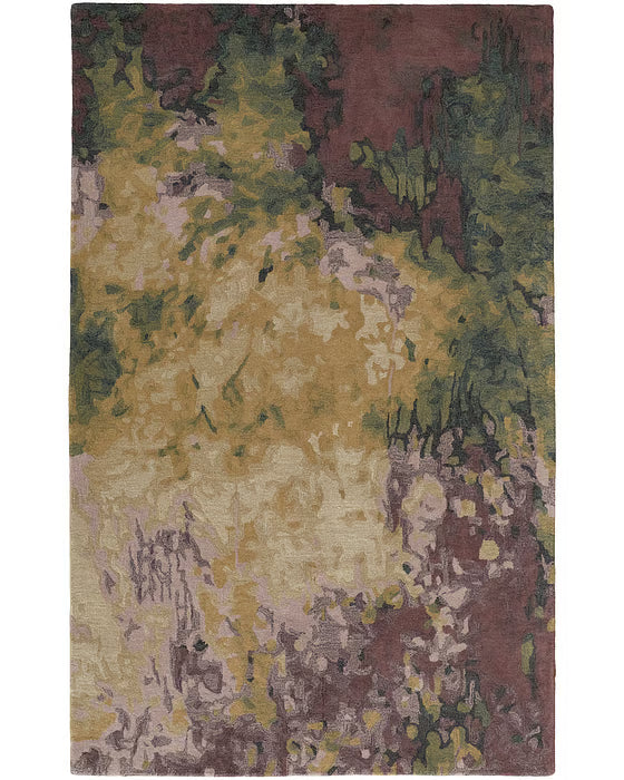 Multicolored abstract patterned rug with shades of green, brown, and purple.