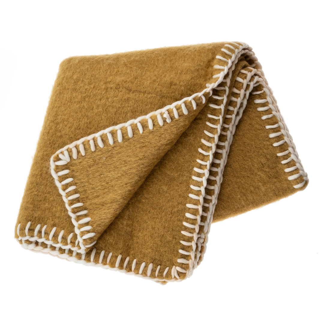 Ochre Stitched Wool Blend Throw Blanket