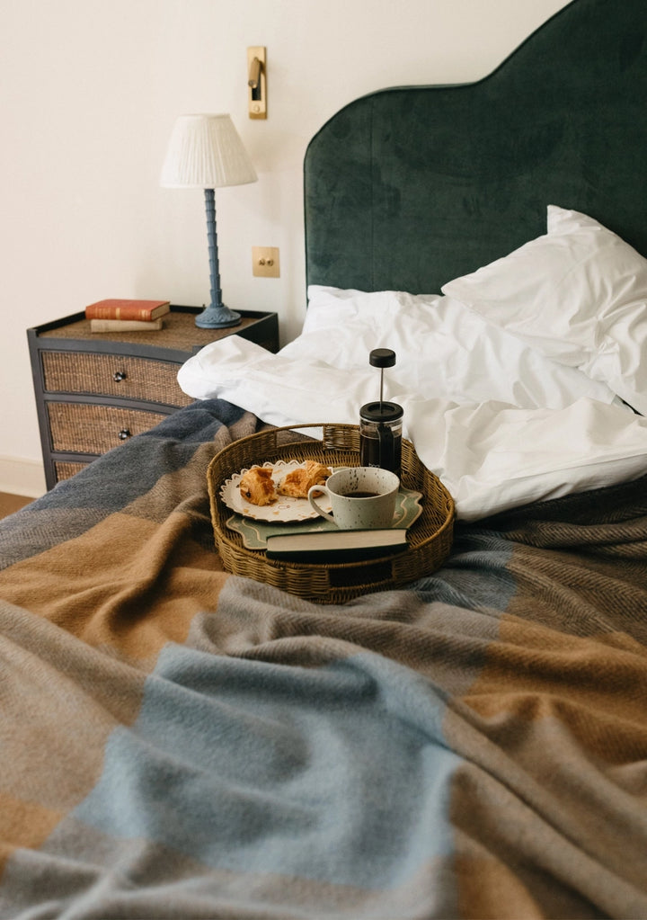 Blue Herringbone Block Check Recycled Wool Blanket