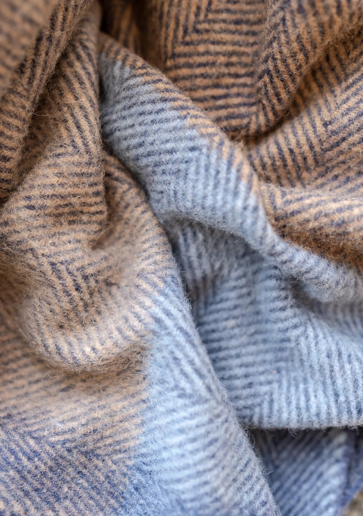 Blue Herringbone Block Check Recycled Wool Blanket