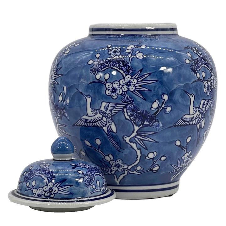 Blue Crane Chinoiserie Ceramic Jar