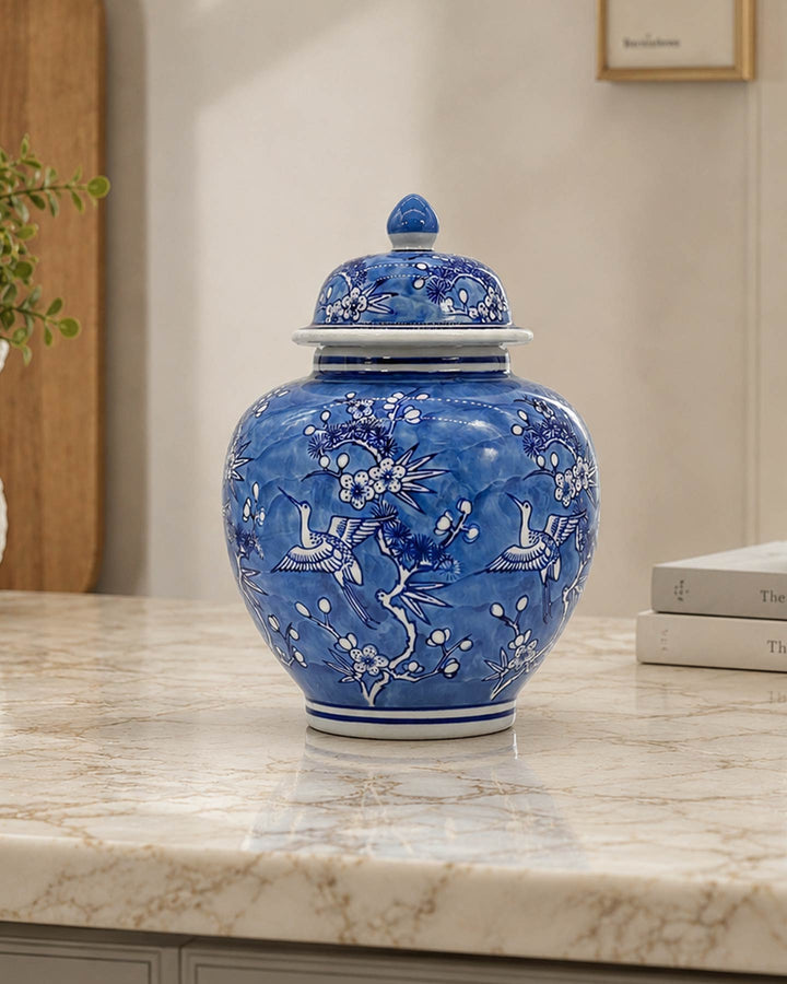 Blue Crane Chinoiserie Ceramic Jar