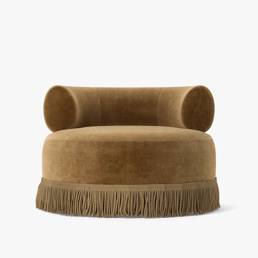 Brown armchair with fringe on a white background