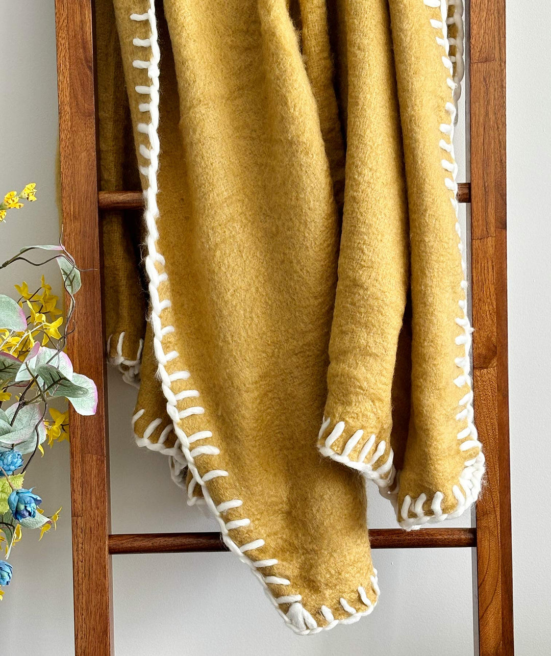 Ochre Stitched Wool Blend Throw Blanket