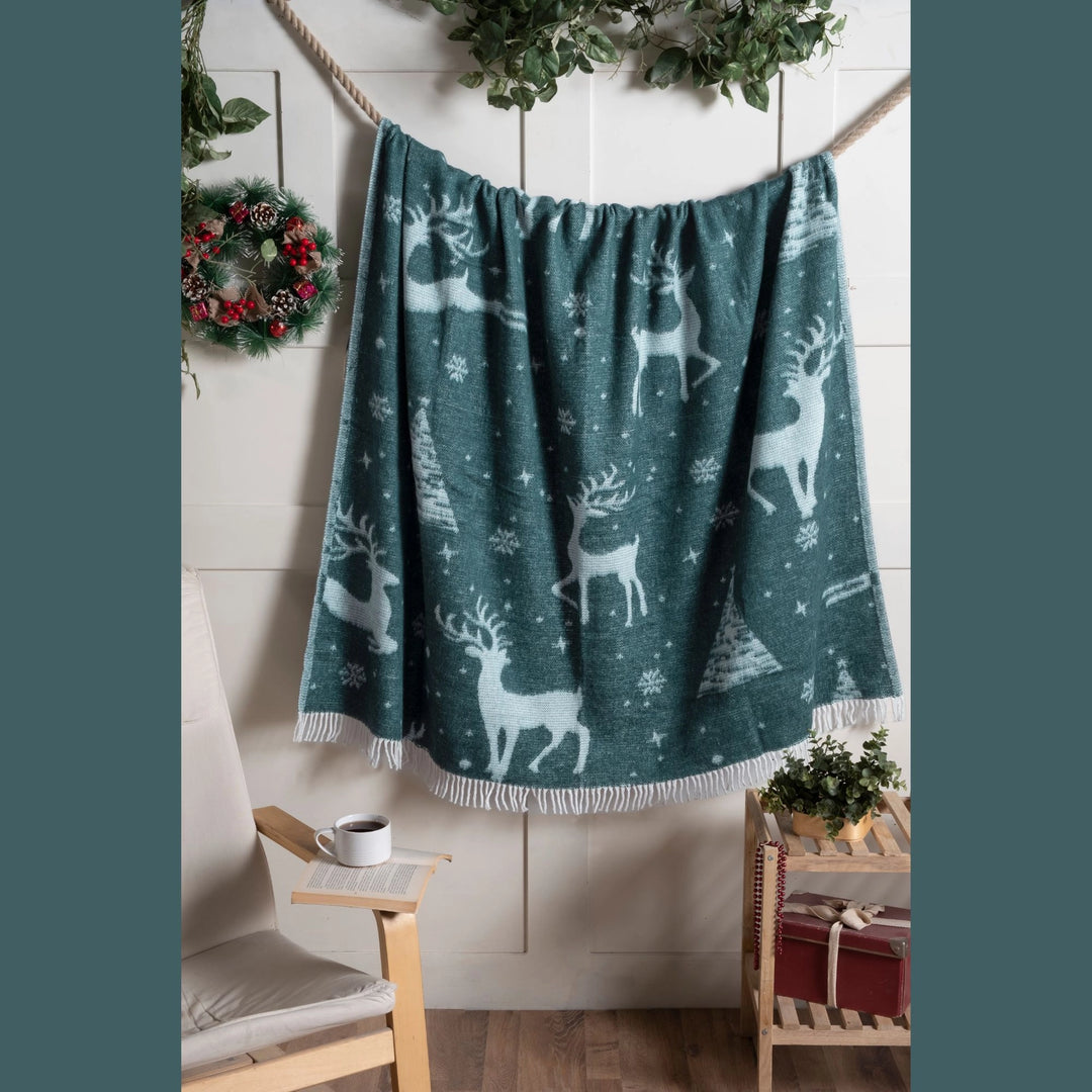 Dark Green Reindeer Throw Blanket