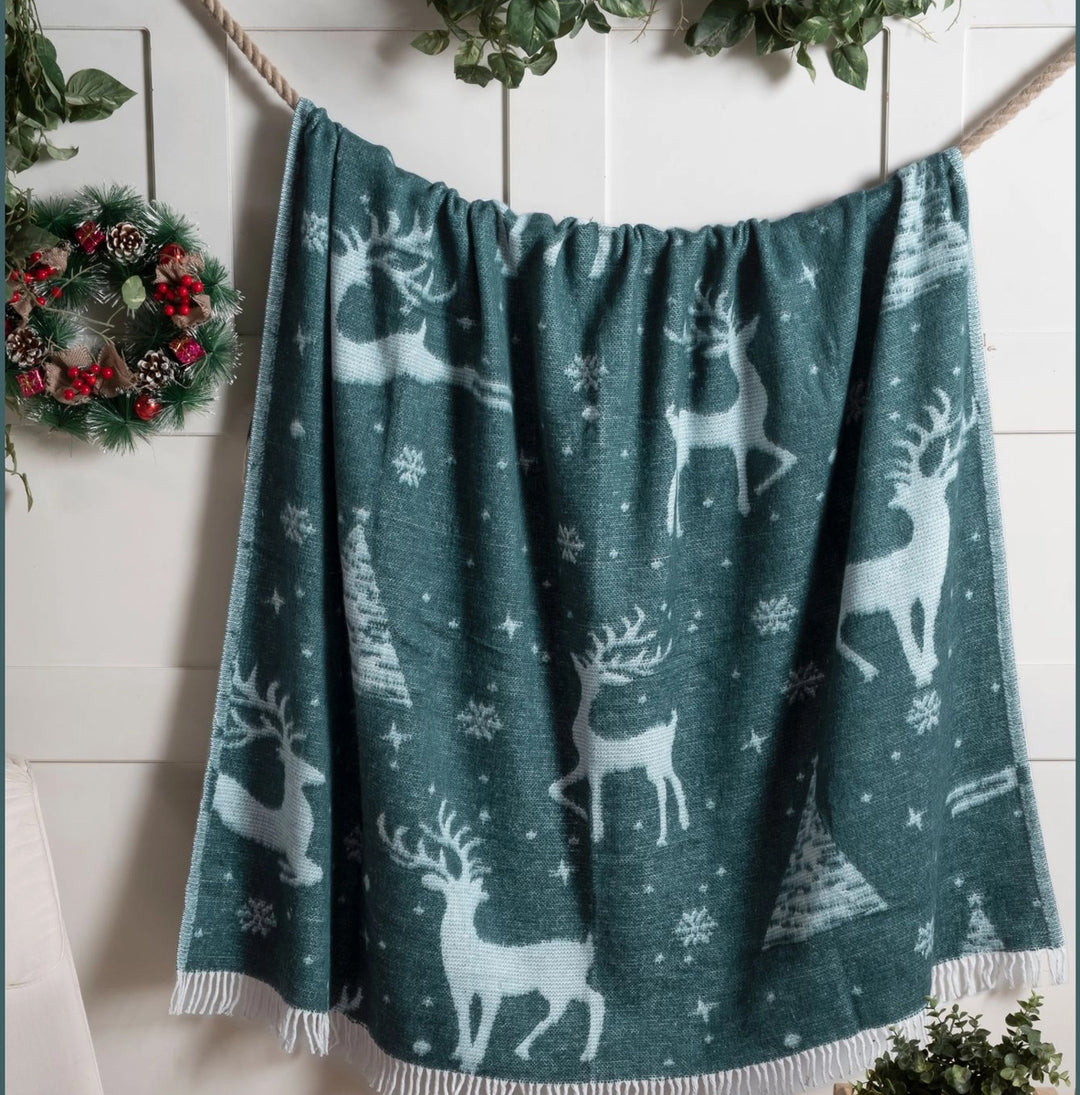 Dark Green Reindeer Throw Blanket