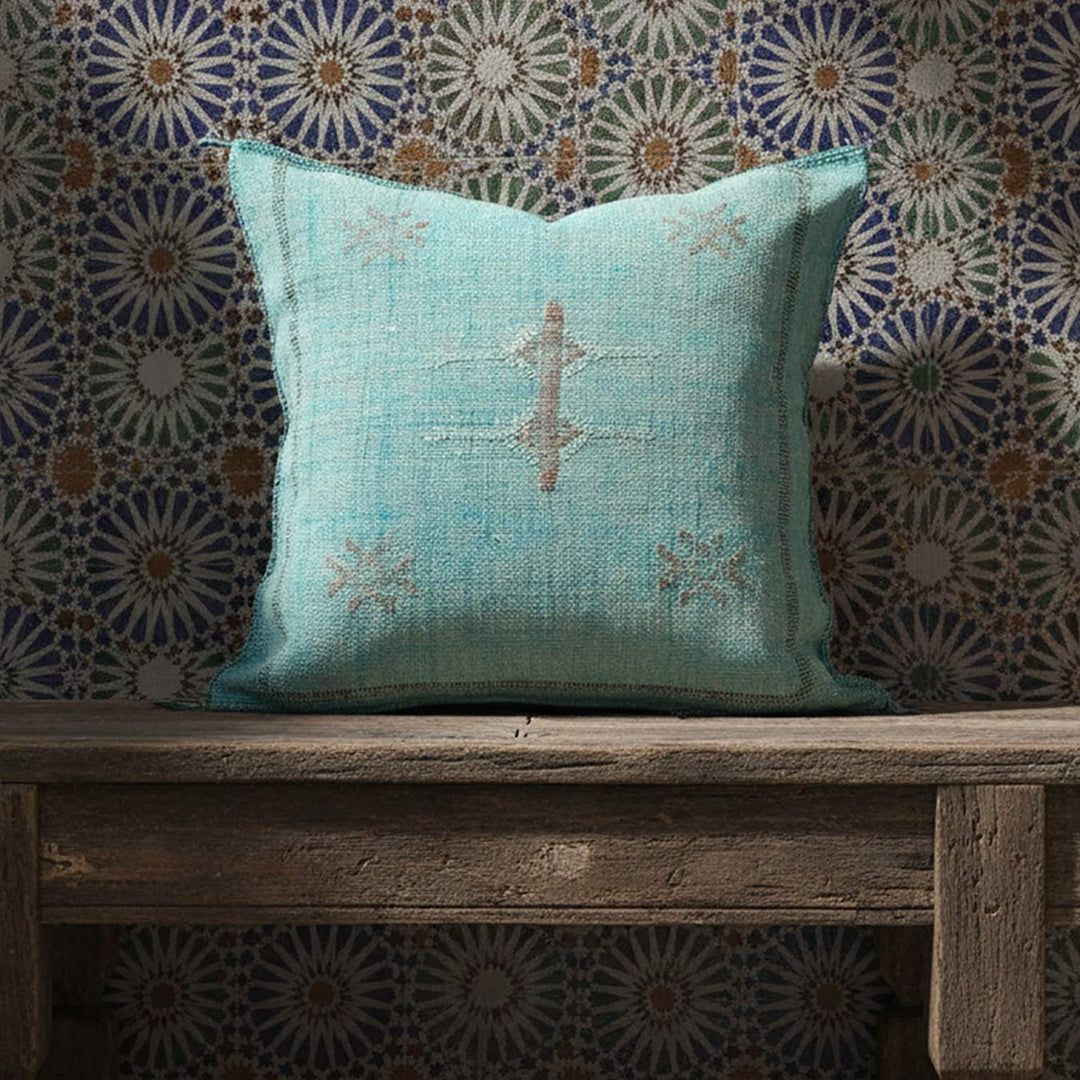 Turquoise Moroccan Cactus Silk Pillow Cover