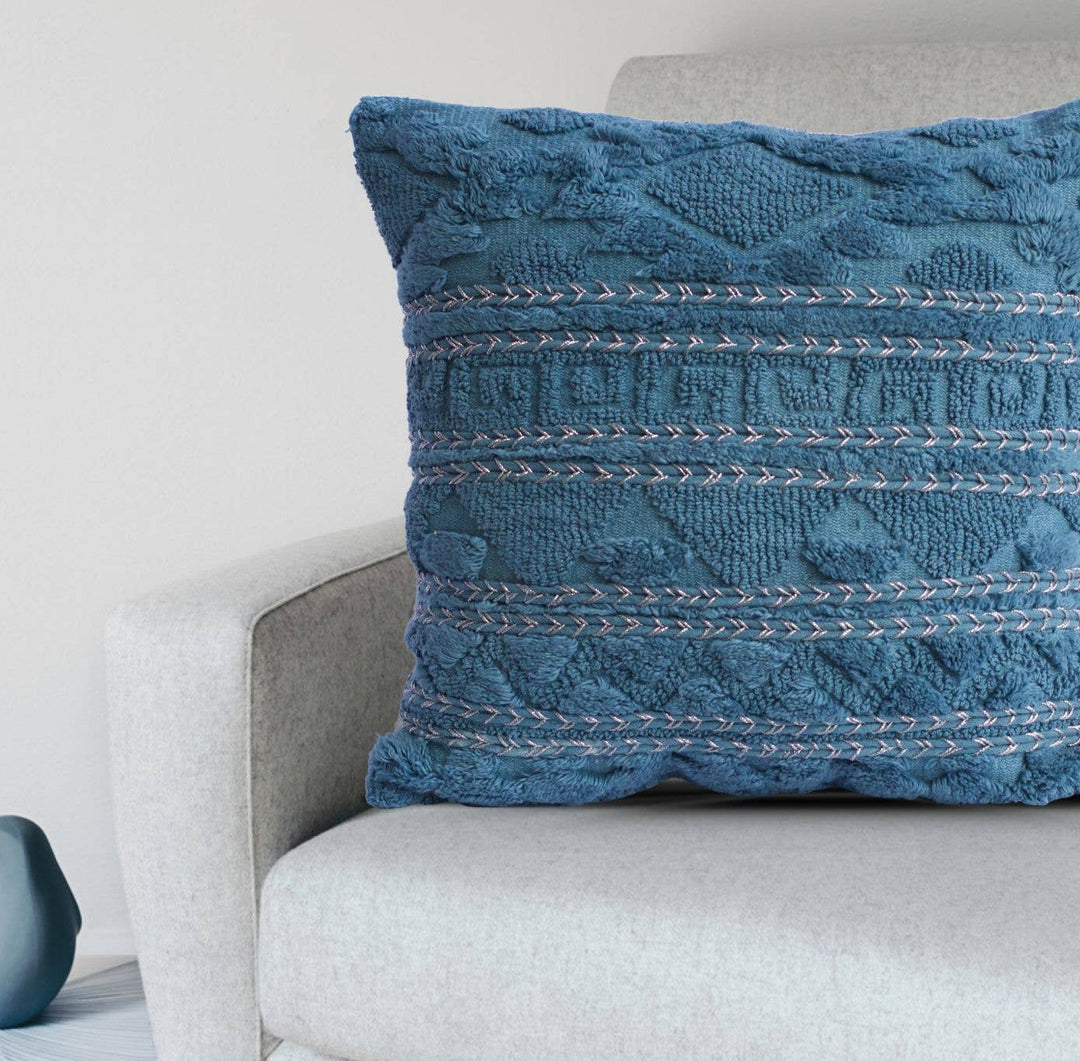 Greek Key Sea Blue Tufted Pillow Cover